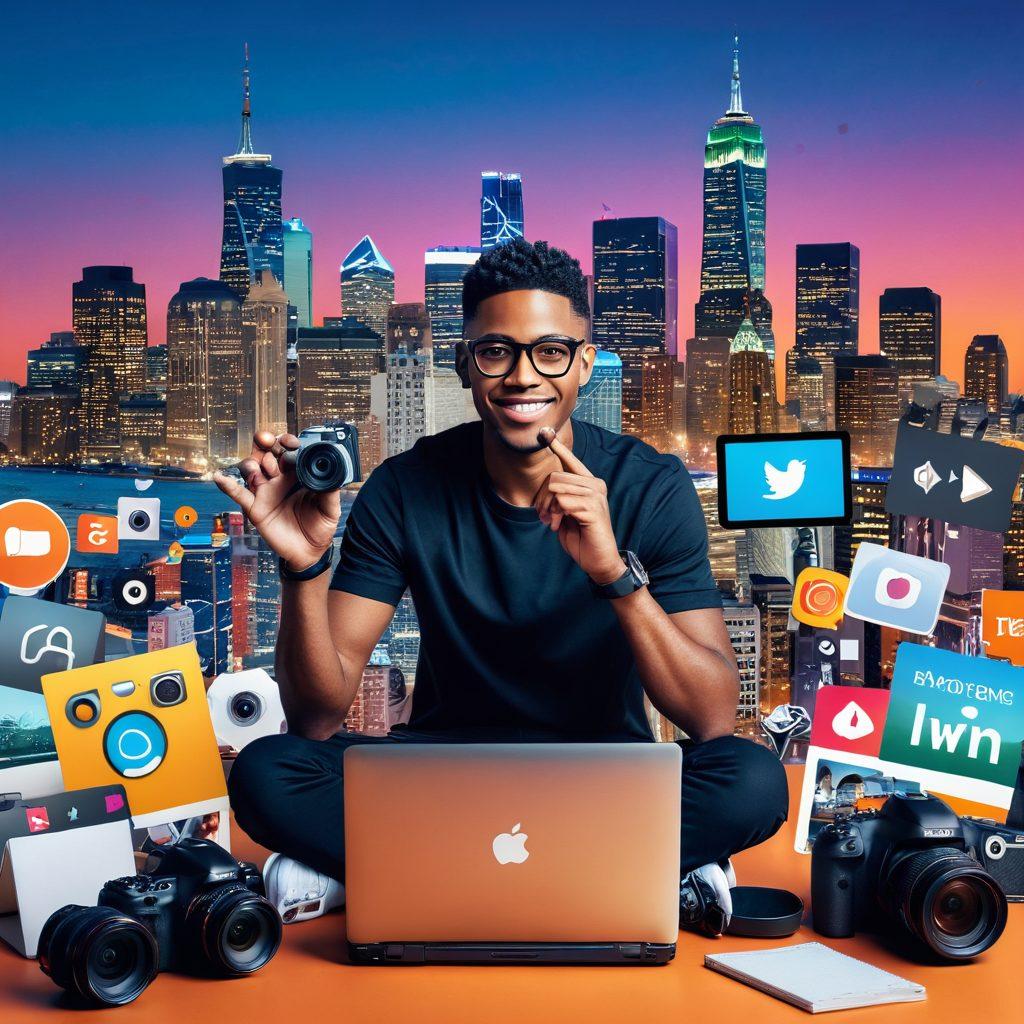 A dynamic collage showcasing a blogger in action, transitioning from a vlog with a camera to filming a web series on set. Include vibrant social media icons floating around, and elements representing different media types like video cameras, laptops, and notepads. Use a backdrop of a city skyline merging into a digital landscape to symbolize the blogosphere's evolution. super-realistic. vibrant colors. modern aesthetic.