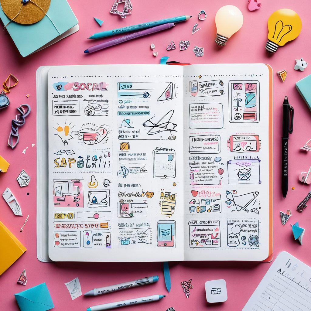 An imaginative digital diary spread open, featuring vibrant, handwritten notes and sketches, surrounded by icons representing various blog elements like social media, engagement metrics, and creativity tools. The background is a soft gradient blending pastels to evoke inspiration, with whimsical illustrations of paper planes and lightbulbs floating around to symbolize ideas taking flight. super-realistic. vibrant colors. soft gradient background.