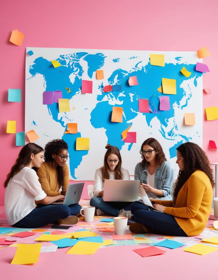 A captivating scene of a diverse group of bloggers engaging in a vibrant discussion around laptops, surrounded by colorful sticky notes and coffee cups. The backdrop features a digital world map with share buttons and dynamic social media icons. Bright and inviting colors create an inspiring atmosphere filled with creativity and collaboration. super-realistic. vibrant colors. 3D.